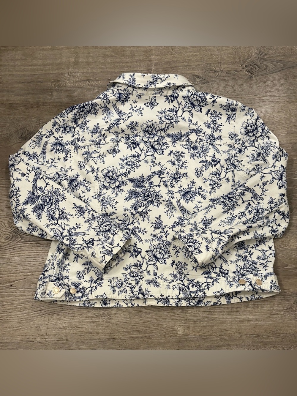 Talbots Plus 2X White and Navy Classic Stretch Denim Jacket Bird Toile - Picture 2 of 13